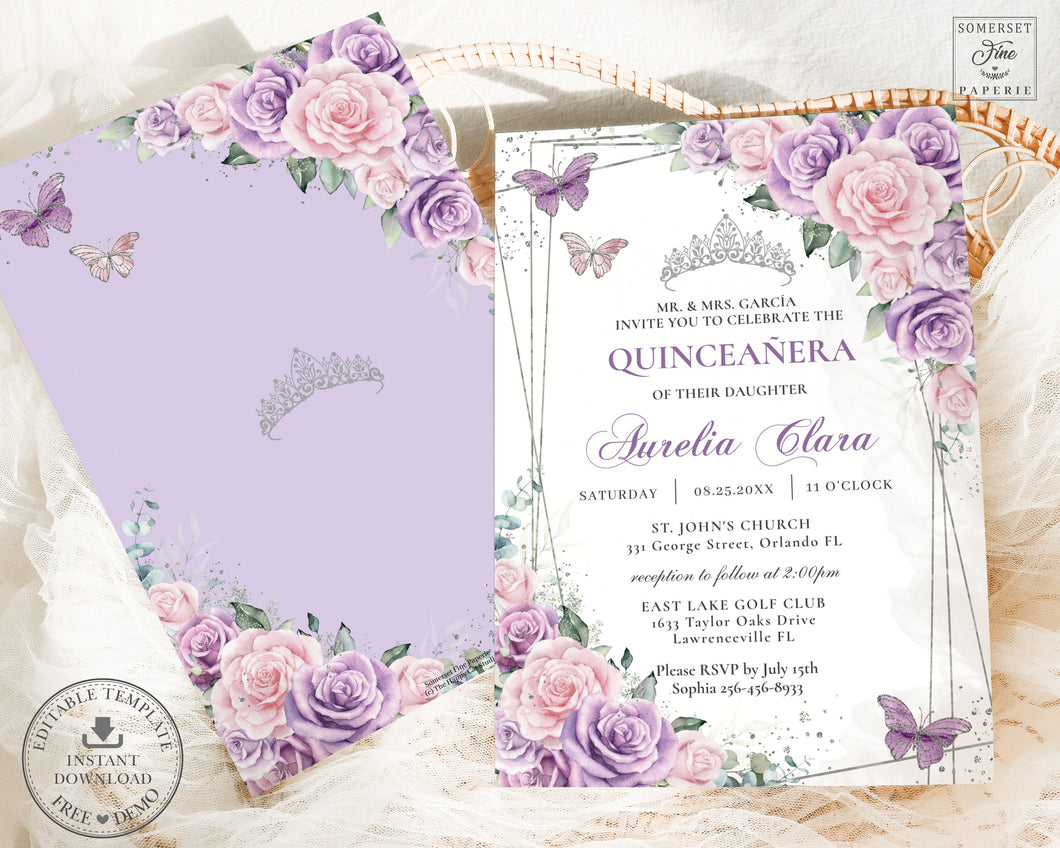 Purple Lilac Pale Pink Floral Silver Butterflies Quinceañera Sweet 16 Birthday Invitation Editable Template - Digital Printable File - Instant Download - QC58