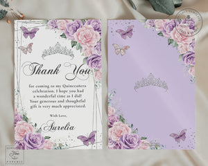 Purple Lilac Pale Pink Floral Silver Butterflies Quinceañera Sweet 16 Birthday Thank You Editable Template - Digital Printable File - Instant Download - QC58