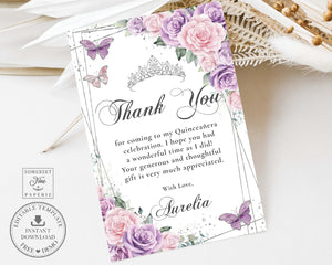 Purple Lilac Pale Pink Floral Silver Butterflies Quinceañera Sweet 16 Birthday Thank You Editable Template - Digital Printable File - Instant Download - QC58