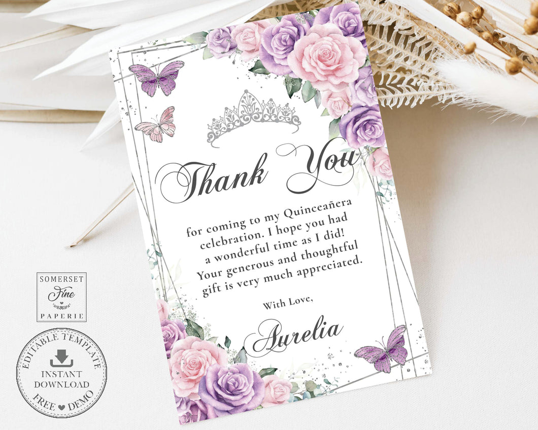 Purple Lilac Pale Pink Floral Silver Butterflies Quinceañera Sweet 16 Birthday Thank You Editable Template - Digital Printable File - Instant Download - QC58