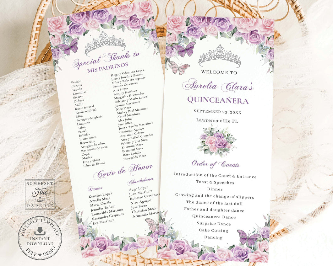 Purple Lilac Pale Pink Silver Quinceañera XV Birthday Slim Program Order of Events Padrinos Editable Template Digital Instant Download QC58