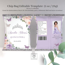 Load image into Gallery viewer, Chip Bag EDITABLE TEMPLATE Purple Lilac Blush Floral Butterflies Silver Twins Quinceañera Sweet 16 Birthday Favor Instant Download Printable QC41
