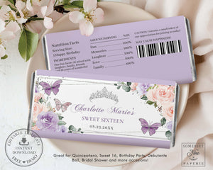 Purple Lilac Blush Floral Silver Butterflies Chocolate Bar Wrapper, EDITABLE TEMPLATE, Quinceanera Birthday Aldi Hershey's Candy Labels Printable QC41