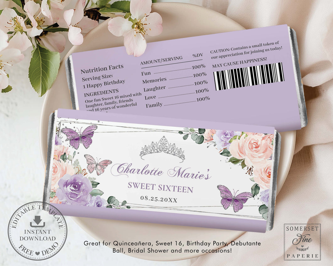 Purple Lilac Blush Floral Silver Butterflies Chocolate Bar Wrapper, EDITABLE TEMPLATE, Quinceanera Birthday Aldi Hershey's Candy Labels Printable QC41