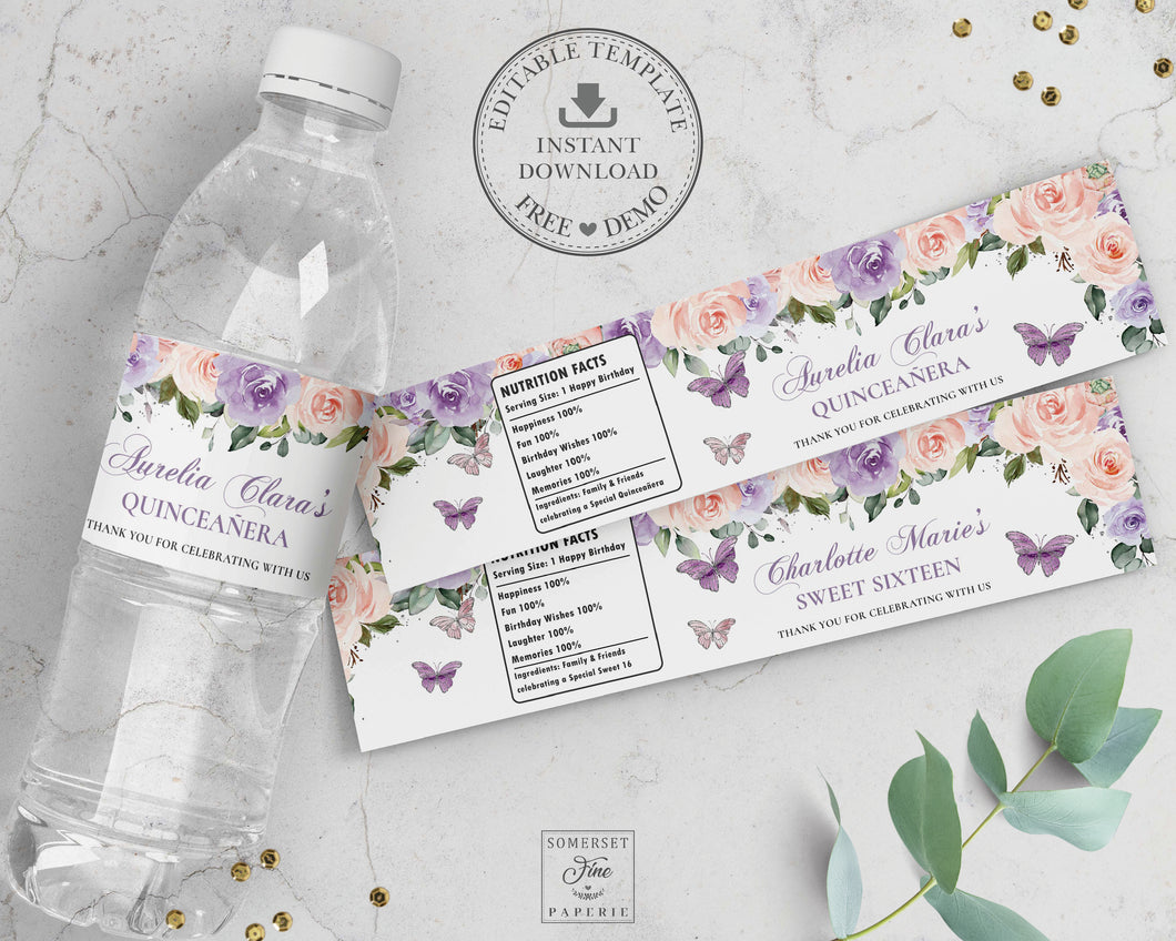 Water Bottle Label EDITABLE TEMPLATE Purple Lilac Blush Floral Butterflies Silver Twins Quinceañera Sweet 16 Birthday Favor Instant Download Printable QC41