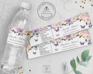 Water Bottle Label EDITABLE TEMPLATE Purple Lilac Blush Floral Butterflies Silver Twins Quinceañera Sweet 16 Birthday Favor Instant Download Printable QC41