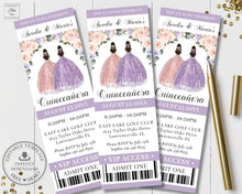 Load image into Gallery viewer, Purple Lilac and Blush Pink Floral Quince Twins Silver Quinceañera XV 15 Sweet 16 Birthday VIP Ticket Invitation Editable Template - Digital Printable File - Instant Download - QC41
