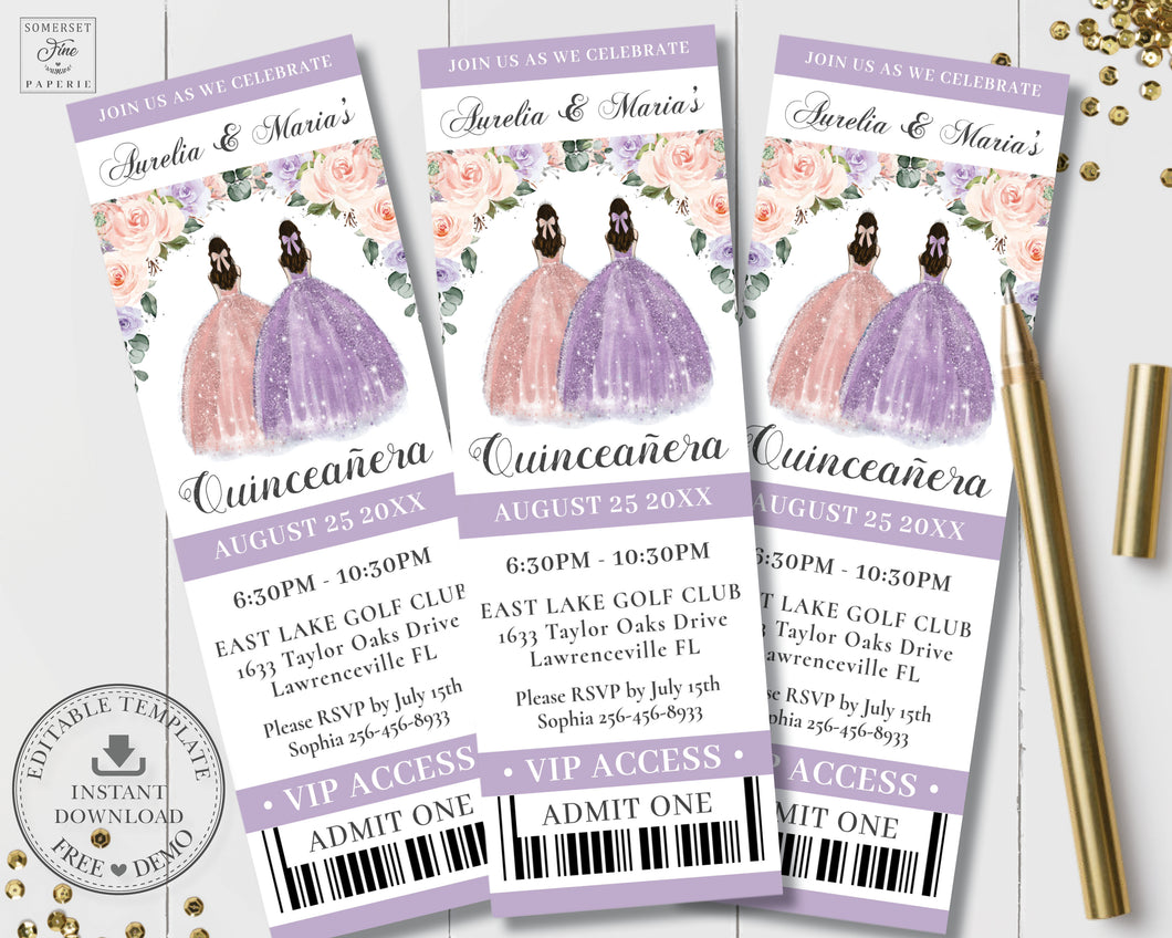Purple Lilac and Blush Pink Floral Quince Twins Silver Quinceañera XV 15 Sweet 16 Birthday VIP Ticket Invitation Editable Template - Digital Printable File - Instant Download - QC41