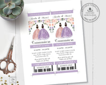 Load image into Gallery viewer, Purple Lilac and Blush Pink Floral Quince Twins Silver Quinceañera XV 15 Sweet 16 Birthday VIP Ticket Invitation Editable Template - Digital Printable File - Instant Download - QC41
