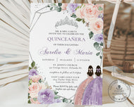 Purple Lilac Blush Floral Princesses Twins Silver Quinceañera Birthday Invitation Editable Template - Digital Printable File - Instant Download - QC41