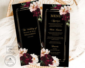 Dark Moody Burgundy Blush Black Floral Wedding Menu Editable Template - Digital Printable Files - Instant Download - WD1