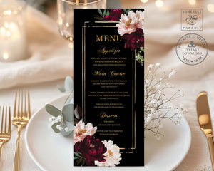 Dark Moody Burgundy Blush Black Floral Wedding Menu Editable Template - Digital Printable Files - Instant Download - WD1