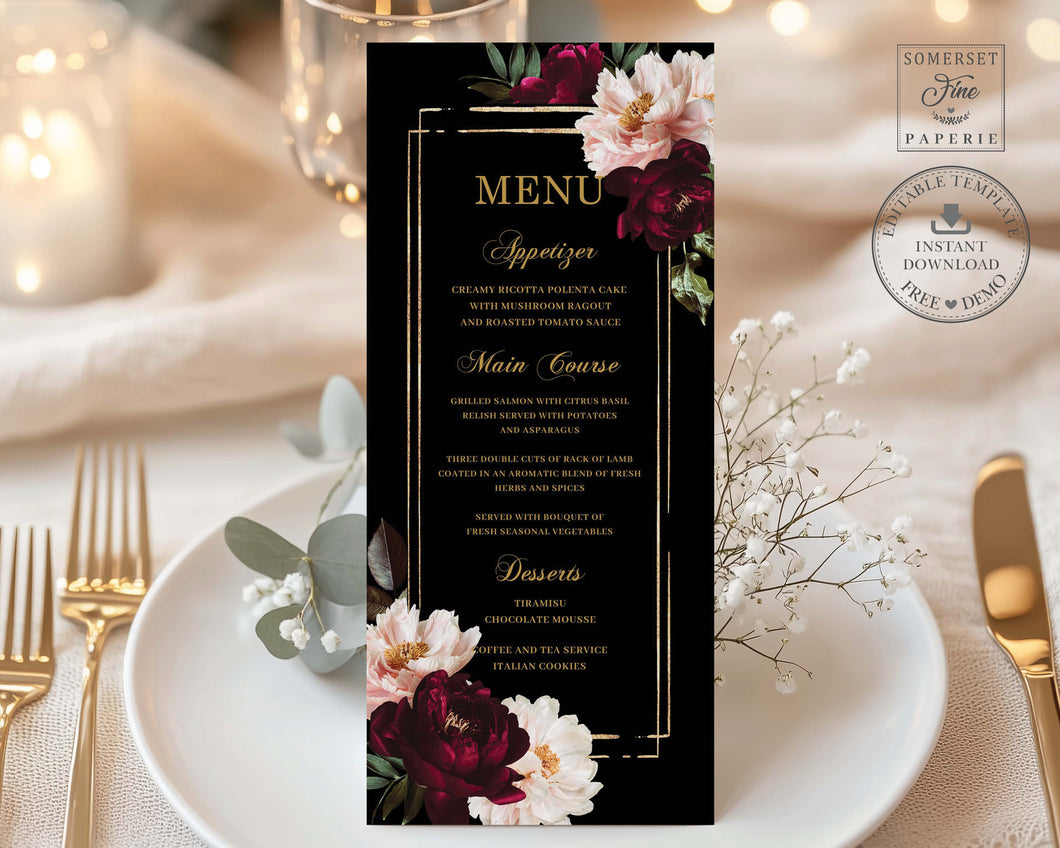 Dark Moody Burgundy Blush Black Floral Wedding Menu Editable Template - Digital Printable Files - Instant Download - WD1