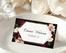 Load image into Gallery viewer, Dark Moody Burgundy Blush Black Floral Wedding Tent Place Card Editable Template - Digital Printable Files - Instant Download - WD1
