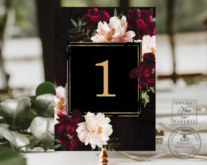 Dark Moody Burgundy Blush Black Floral Wedding Table Number Editable Template - Digital Printable Files - Instant Download - WD1