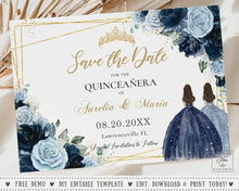 Load image into Gallery viewer, Chic Baby Blue Navy Blue Floral Twins Quince Girls Quinceañera Sweet 16 Birthday Save the Date Editable Template - Digital Printable File - Instant Download - QC91
