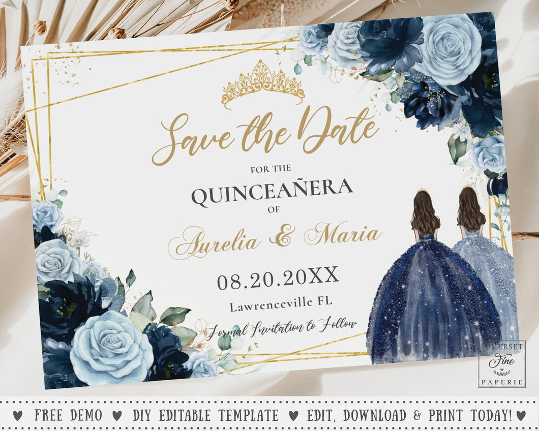 Chic Baby Blue Navy Blue Floral Twins Quince Girls Quinceañera Sweet 16 Birthday Save the Date Editable Template - Digital Printable File - Instant Download - QC91