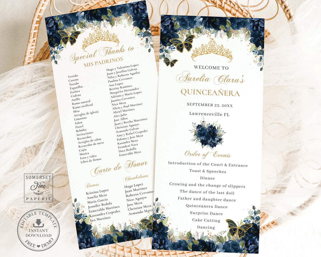Navy Blue Gold Quinceañera XV Birthday Slim Program Order of Events Padrinos Editable Template Digital Instant Download QC17