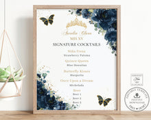 Load image into Gallery viewer, Navy Blue Roses Floral Gold Quinceañera Sweet 16 Birthday Menu Sign Editable Template - Digital Printable Files - Instant Download - QC17
