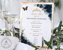 Load image into Gallery viewer, Navy Blue Roses Floral Gold Quinceañera Sweet 16 Birthday Menu Sign Editable Template - Digital Printable Files - Instant Download - QC17
