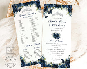 Navy Blue Silver Quinceañera XV Birthday Slim Program Order of Events Padrinos Editable Template Digital Instant Download QC17