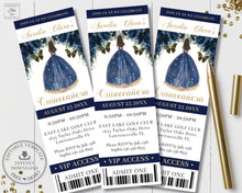 Load image into Gallery viewer, Chic Navy Blue Floral Quince Girl Gold Quinceañera Sweet 16 Birthday VIP Ticket Invitation Editable Template - Digital Printable File - Instant Download - QC17
