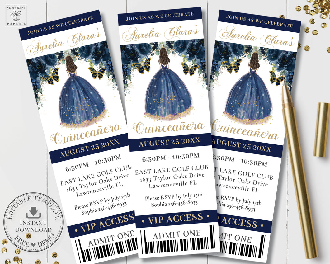 Chic Navy Blue Floral Quince Girl Gold Quinceañera Sweet 16 Birthday VIP Ticket Invitation Editable Template - Digital Printable File - Instant Download - QC17