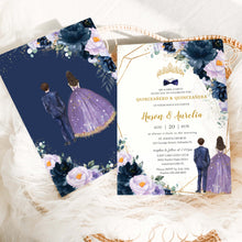 Load image into Gallery viewer, Quinceanera &amp; Quinceanero Purple Lilac Navy Blue Floral Twins Boy Girl Invitation Card
