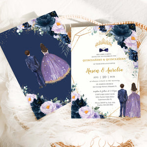 Quinceanera & Quinceanero Purple Lilac Navy Blue Floral Twins Boy Girl Invitation Card