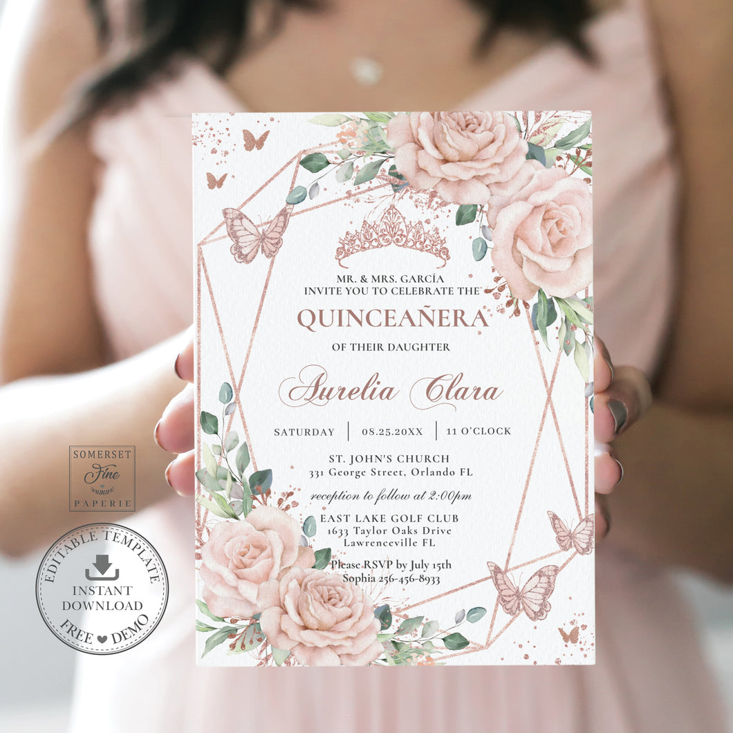 Blush Floral Butterflies Rose Gold Quinceanera Sweet 16 Birthday Invitation Editable Template - Digital Printable File - Instant Download - QC76