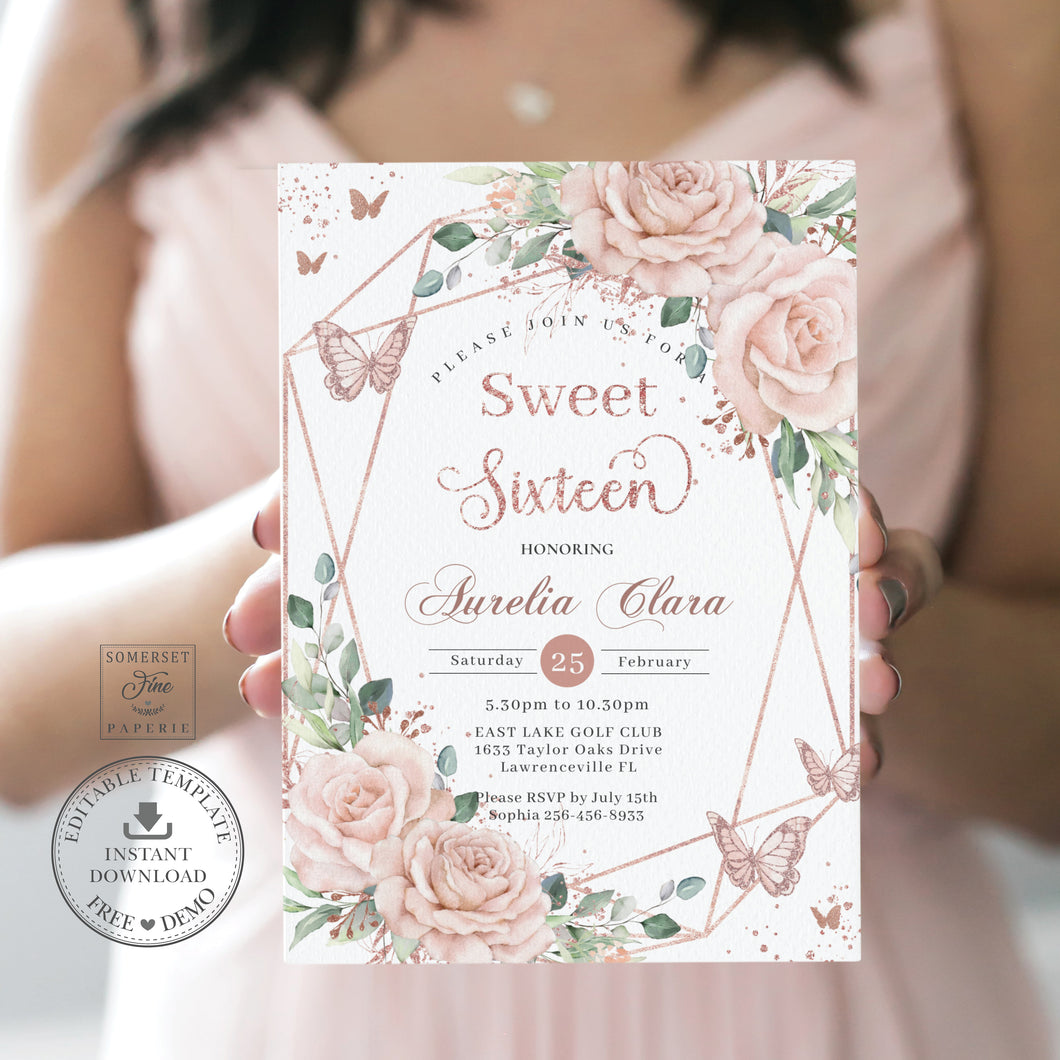 Blush Floral Butterflies Rose Gold Sweet 16 Sixteen Birthday Invitation Editable Template - Digital Printable File - Instant Download - QC76