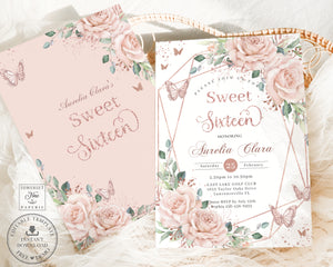 Blush Floral Butterflies Rose Gold Sweet 16 Sixteen Birthday Invitation Editable Template - Digital Printable File - Instant Download - QC76