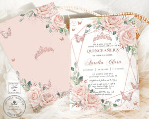 Blush Floral Butterflies Rose Gold Quinceanera Sweet 16 Birthday Invitation Editable Template - Digital Printable File - Instant Download - QC76