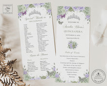 Load image into Gallery viewer, Purple Lavender Lilac Sage Green Floral Silver Quinceañera Sweet 16 Birthday Slim Program Editable Template - Digital Printable Files - Instant Download - QC67
