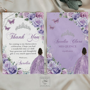 Purple Lavender Lilac Floral Brown Princess Silver Sweet 16 Birthday Quinceañera Thank You Card Editable Template - Digital Printable File - Instant Download - QC37