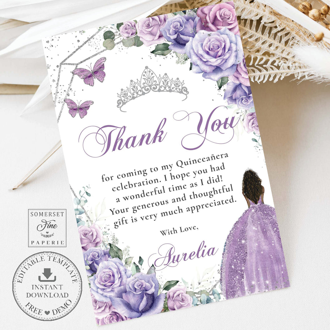 Purple Lavender Lilac Floral Brown Princess Silver Sweet 16 Birthday Quinceañera Thank You Card Editable Template - Digital Printable File - Instant Download - QC37