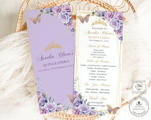 Load image into Gallery viewer, Purple Lavender Lilac Floral Gold Quinceañera Sweet 16 Birthday Slim Program Editable Template - Digital Printable Files - Instant Download - QC37

