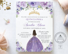 Load image into Gallery viewer, Princess Tiara Purple Lilac Lavender Floral Quinceanera Sweet 16 Birthday Invitation Editable Template - Digital Printable File - Instant Download - QC3
