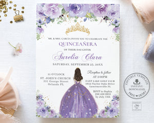 Princess Tiara Purple Lilac Lavender Floral Quinceanera Sweet 16 Birthday Invitation Editable Template - Digital Printable File - Instant Download - QC3