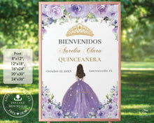 Load image into Gallery viewer, Purple Lilac Lavender Floral Gold Quinceañera Princess Welcome Sign, EDITABLE TEMPLATE, Digital Printable File, Instant Download, QC3
