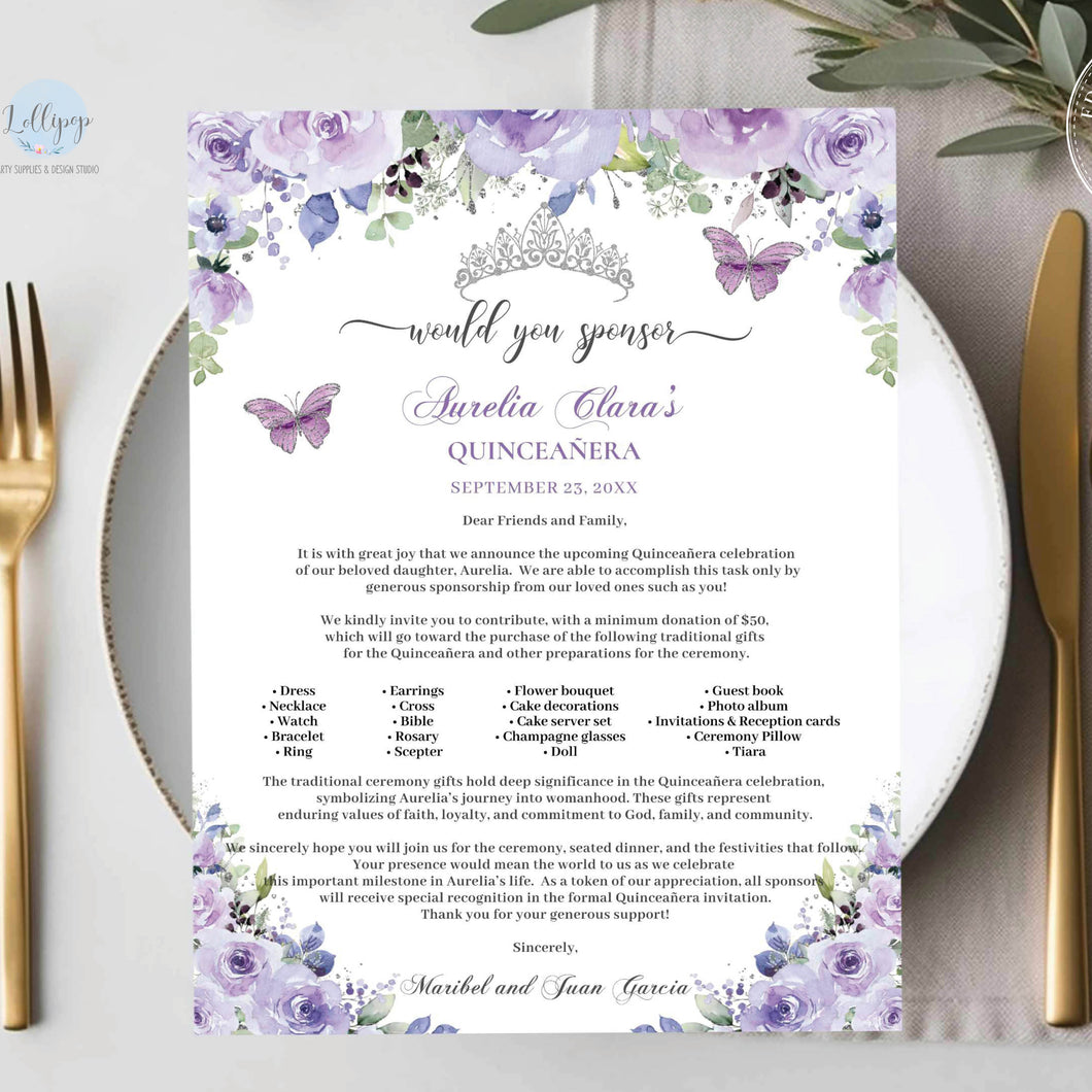 Purple Lilac Floral Quinceañera Quinceanera Sponsor Letter Request Editable Template - Digital Printable Files - Instant Download - QC3