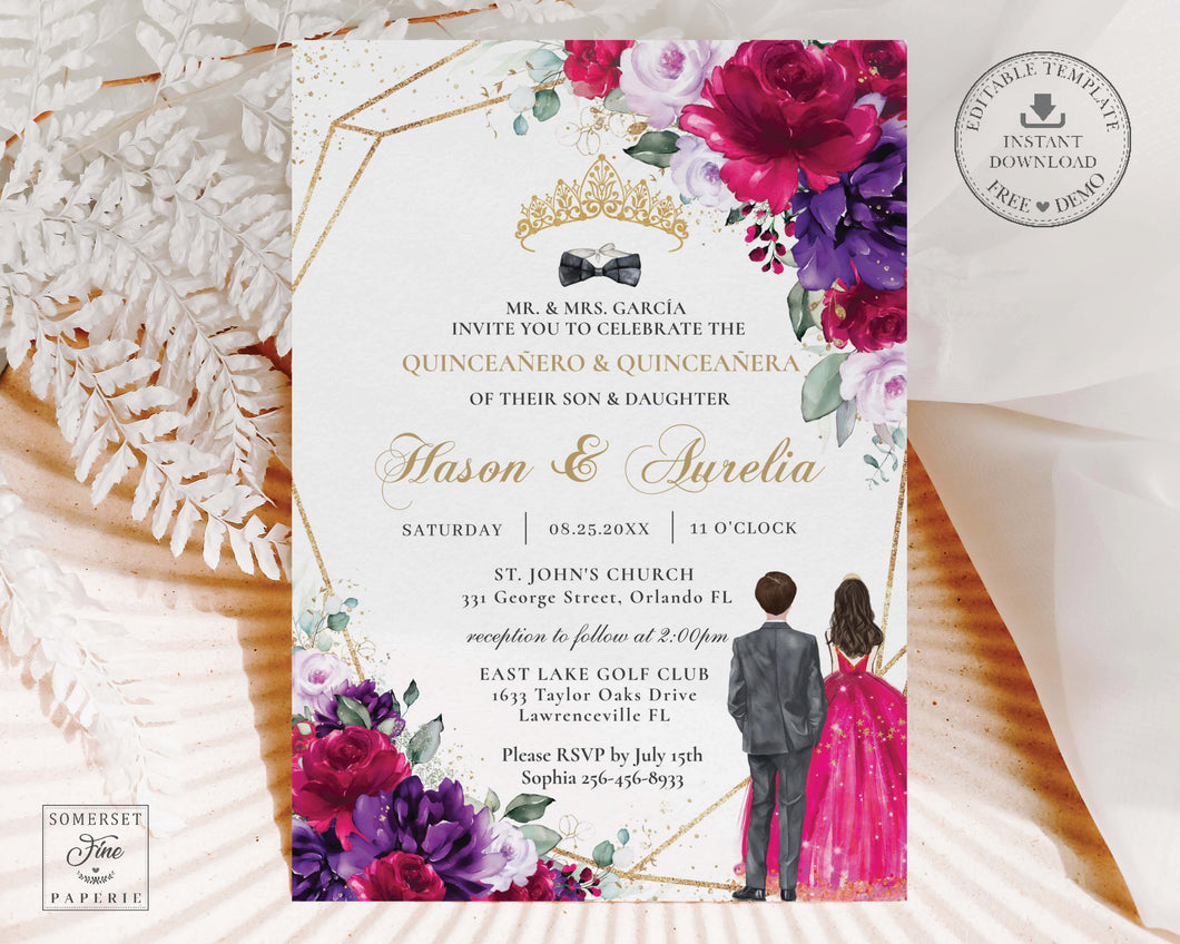 Fuchsia Purple Lilac Floral Gold Twins Boy Girl Quinceañera Quinceañero Invitation Editable Template - Digital Printable File - Instant Download - TW1