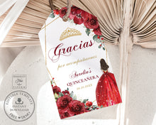 Load image into Gallery viewer, Red Floral Princess Gold Quinceañera Quince Birthday Sweet 16 Tiara Favor Tag Editable Template Printable, INSTANT Download, QC13

