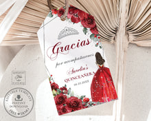 Load image into Gallery viewer, Red Floral Princess Silver Quinceañera Quince Birthday Sweet 16 Tiara Favor Tag Editable Template Printable, INSTANT Download, QC13
