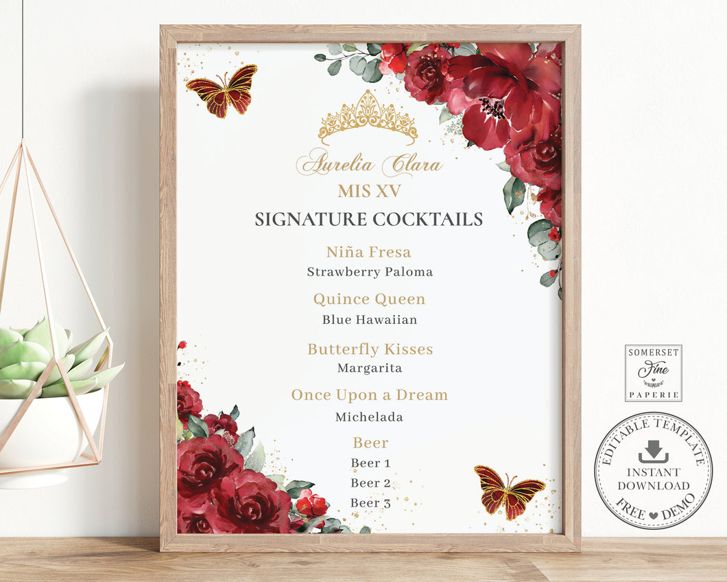 Red Roses Floral Gold Quinceañera Sweet 16 Birthday Menu Sign Editable Template - Digital Printable Files - Instant Download - QC13