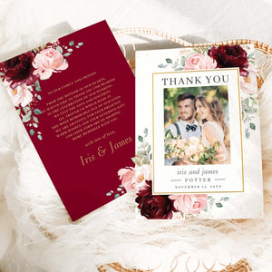 Elegant Burgundy Blush Floral Wedding Thank You Card with a Photograph