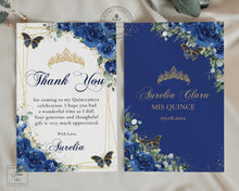 Load image into Gallery viewer, Royal Blue Floral Gold Butterflies Quinceañera Sweet 16 Birthday Thank You Editable Template - Digital Printable File - Instant Download - QC16
