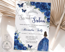 Load image into Gallery viewer, Royal Blue Floral Silver Sweet Sixteen 16th Birthday Invitation EDITABLE TEMPLATE, Princess Dress Butterflies Instant Download Printable, QC16
