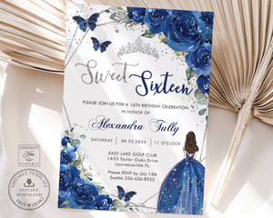 Royal Blue Floral Silver Sweet Sixteen 16th Birthday Invitation EDITABLE TEMPLATE, Princess Dress Butterflies Instant Download Printable, QC16