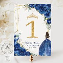 Load image into Gallery viewer, Royal Blue Floral Princess Gold Quinceañera Quince Birthday Sweet 16 Table Number Sign Editable Template Printable, INSTANT Download, QC16
